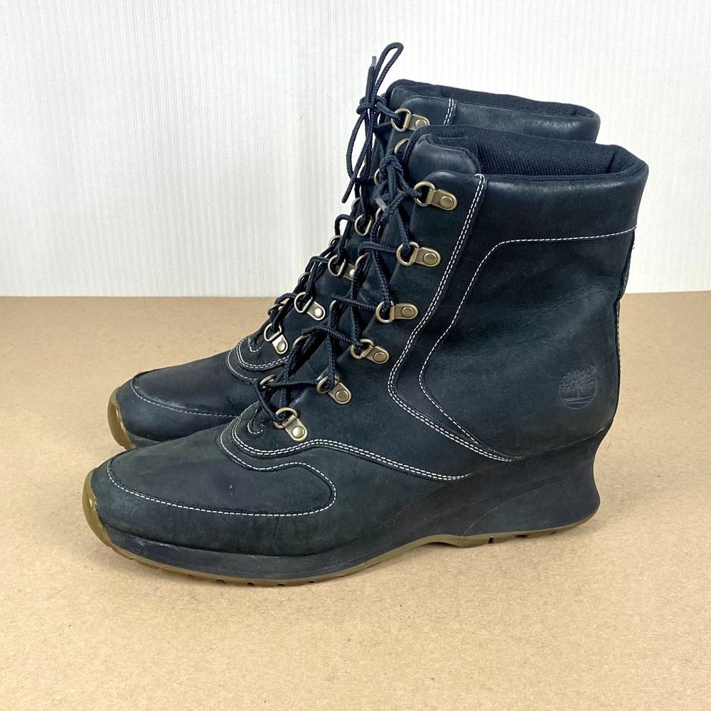 Timberland Leather Wedge Boot Womens 9.5 Black Lace Up